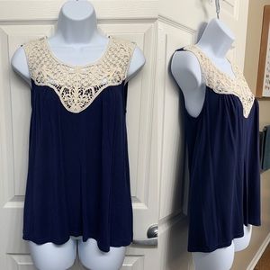 Navy and Crochet Knit Detail Tank Top Small
